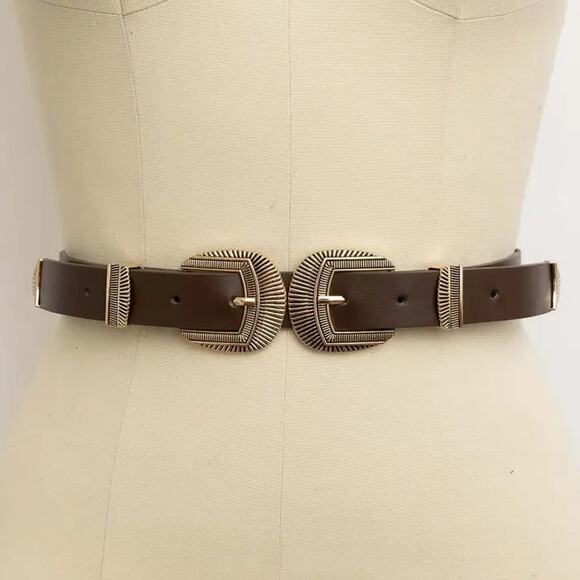 Double Buckle Vegan Leather Western Style Belt Brown - Picture 1 of 2